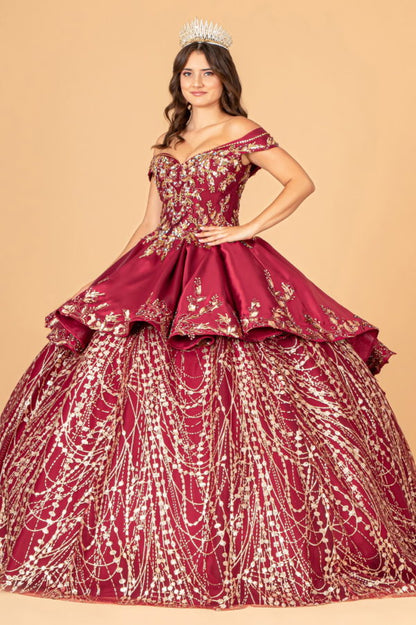 Off Shoulder Satin Quinceanera Ball Gown Embellished with Gold Embroidery