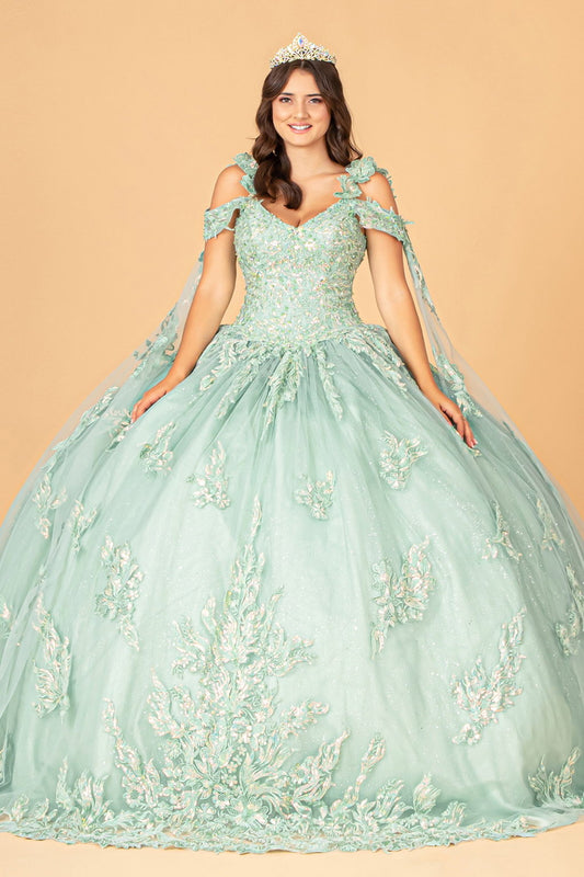 3-D Flower Applique Mesh Quinceanera Ball Gown with Side Mesh Drapes