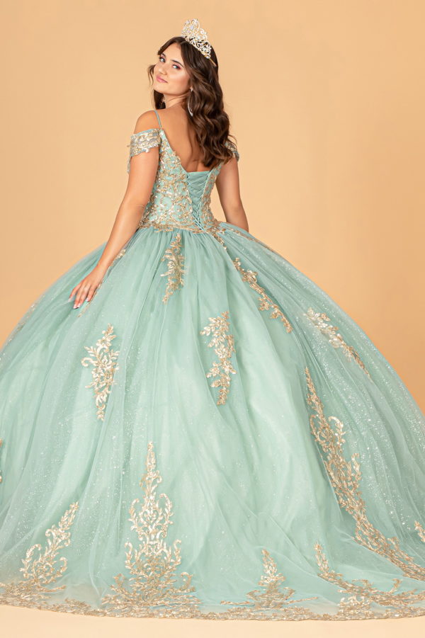 Gold Embroidered Mesh Quinceanera Ball Gown w/ Corset Back