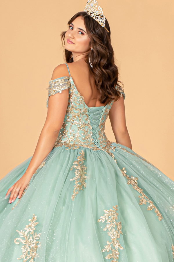 Gold Embroidered Mesh Quinceanera Ball Gown w/ Corset Back