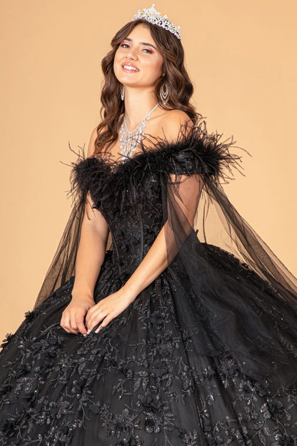 Mesh Quinceanera Dress w/ Side Mesh Drape and Detachable Feather Embellishment