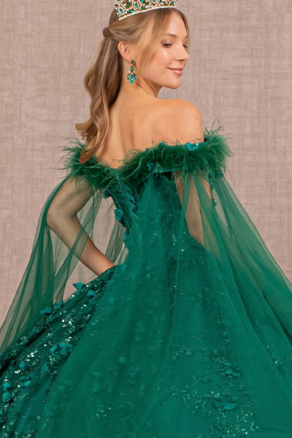 Mesh Quinceanera Dress w/ Side Mesh Drape and Detachable Feather Embellishment