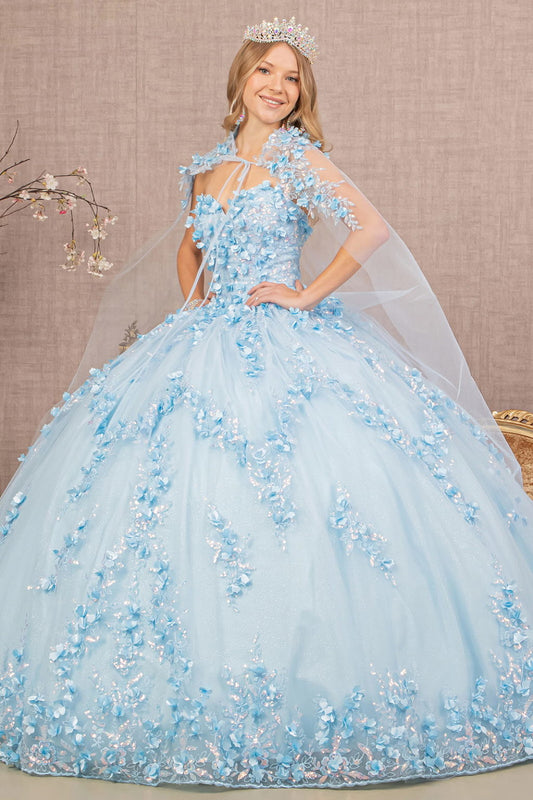 3-D Flower Applique Glitter Quinceanera Gown w/ Mesh Cape