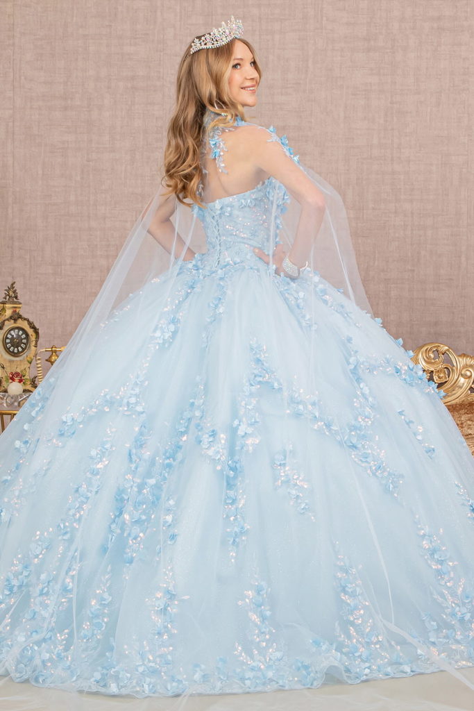 فستان Quinceanera لامع مزين بالزهور ثلاثي الأبعاد مع كيب شبكي 