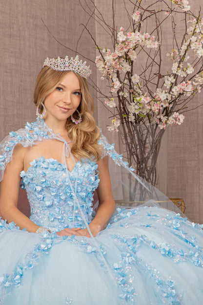 فستان Quinceanera لامع مزين بالزهور ثلاثي الأبعاد مع كيب شبكي 