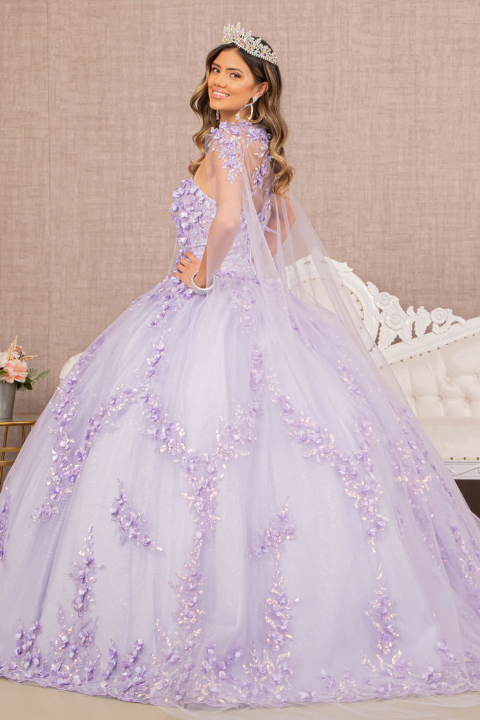 فستان Quinceanera لامع مزين بالزهور ثلاثي الأبعاد مع كيب شبكي 