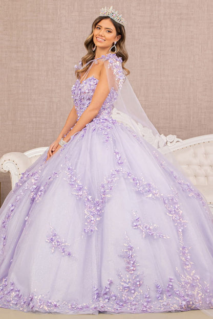 فستان Quinceanera لامع مزين بالزهور ثلاثي الأبعاد مع كيب شبكي 