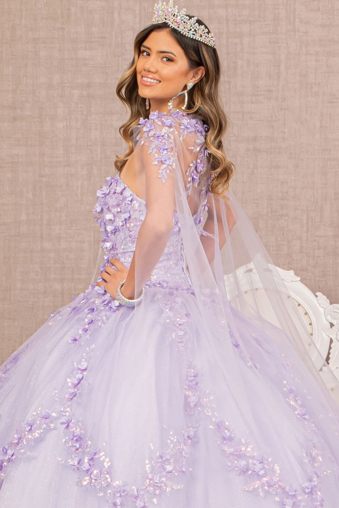 3-D Flower Applique Glitter Quinceanera Gown w/ Mesh Cape