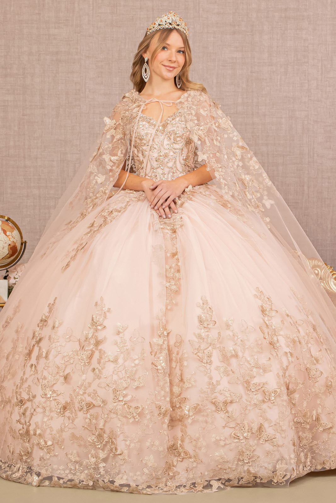 Jewel Mesh Quinceanera Gown w/ 3-D Butterfly Appliques and Long Mesh Cape