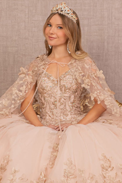 Jewel Mesh Quinceanera Gown w/ 3-D Butterfly Appliques and Long Mesh Cape