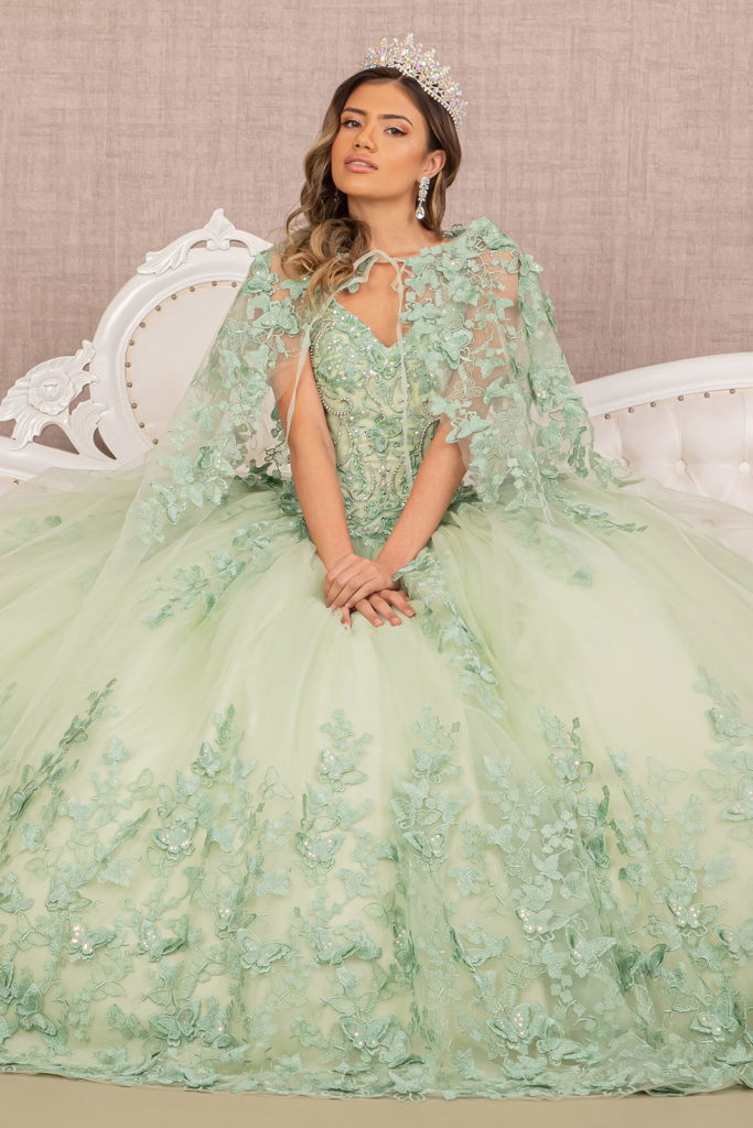 Jewel Mesh Quinceanera Gown w/ 3-D Butterfly Appliques and Long Mesh Cape