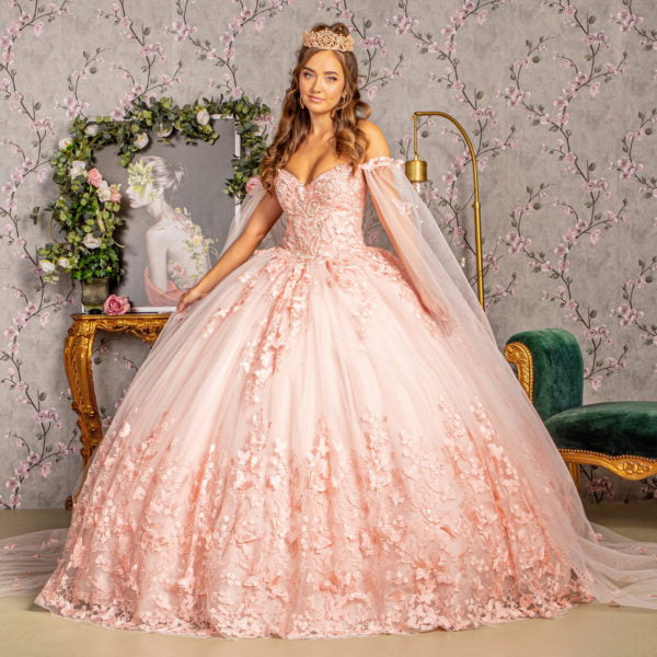 3-D Butterfly Applique Glitter Quinceanera Gown w/ Long Mesh Layer