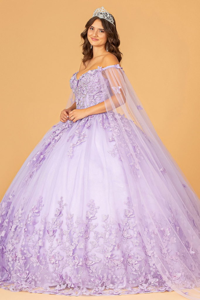 3-D Butterfly Applique Glitter Quinceanera Gown w/ Long Mesh Layer