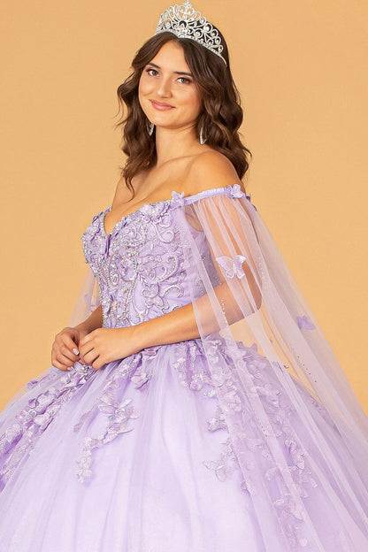 3-D Butterfly Applique Glitter Quinceanera Gown w/ Long Mesh Layer