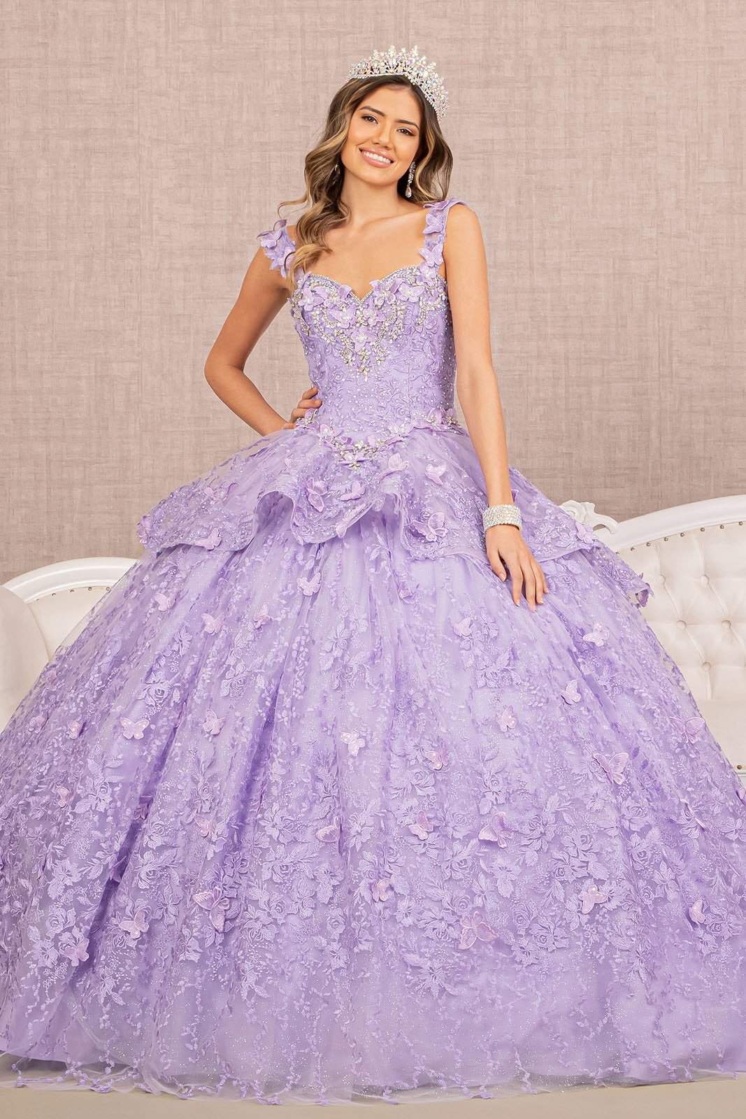 Jewel 3-D Butterfly Applique Off Shoulder Mesh Quinceanera Gown