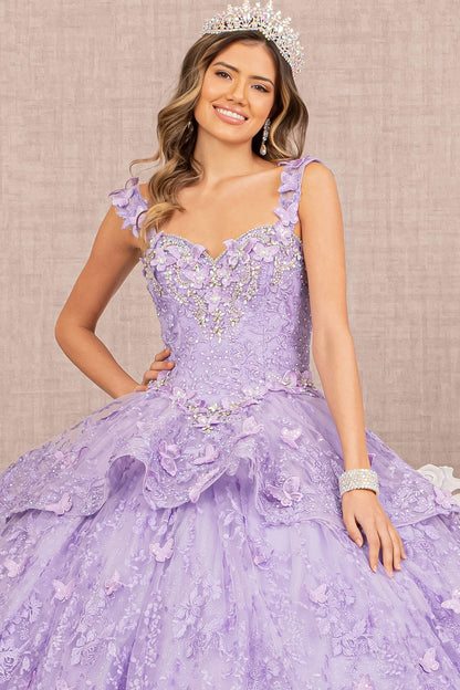 Jewel 3-D Butterfly Applique Off Shoulder Mesh Quinceanera Gown