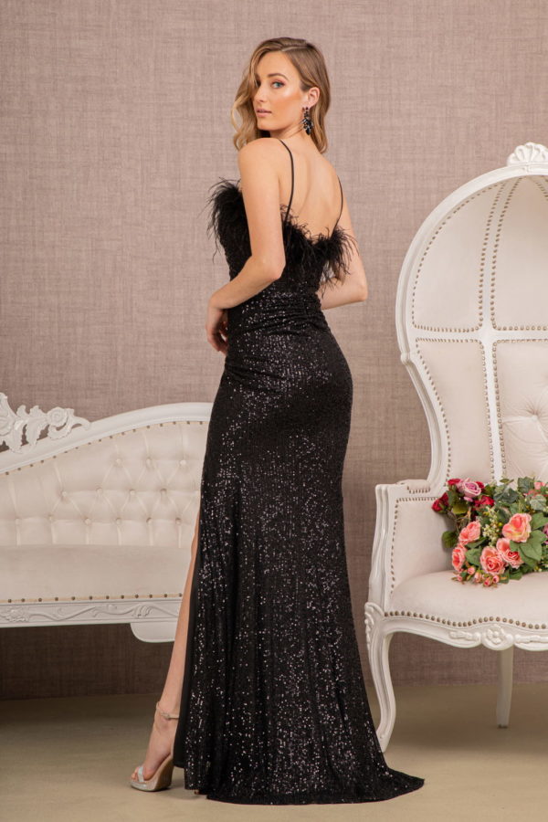 Sequin Ruched Side Mermaid Dress w/ Feather on Neckline