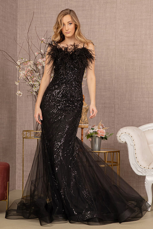 Sequin Sweetheart Mesh Trumpet Dress w/ Feather Embellishment