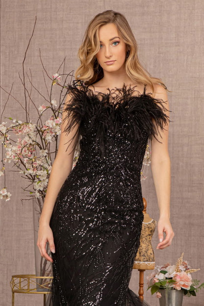 Sequin Sweetheart Mesh Trumpet Dress w/ Feather Embellishment