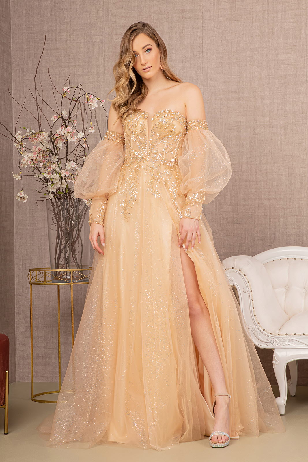 glitter mesh long sleeve dress GL3002 GLS by Gloria Sheer Waistline V-Neck Glitter Mesh Prom Dress w/ Detachable Mesh Sleeve Dress Haute Couture House