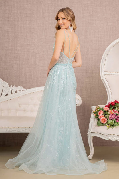 Sequin Sheer Bodice Mermaid Dress w/ Side Long Mesh Layer