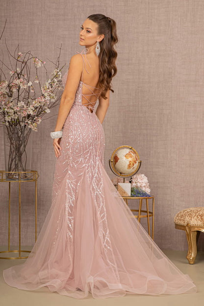 Sequin Bead Lace-up Back Trumpet Dress w/ Mesh Tail