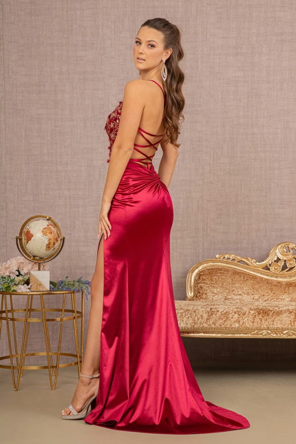 Strapless Sheer Bodice Glitter Satin Mermaid Dress w/ Ruched Back