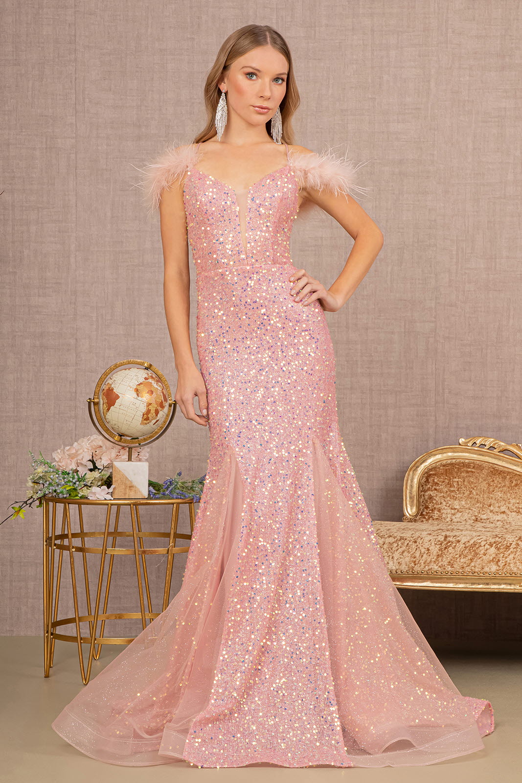 Sheer Bodice Sequin Glitter Trumpet Dress w/ Feather on Straps