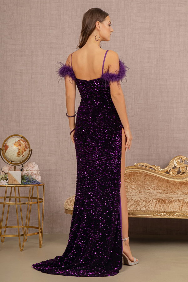 Sequin Cut-away Shoulder Velvet Mermaid Dress w/ Wide Side Slit