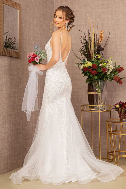 Jewel Bead Wedding Dress w/ Detachable Waist Long Mesh Layer