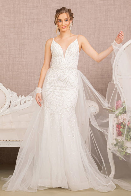 Jewel Bead Wedding Dress w/ Detachable Waist Long Mesh Layer