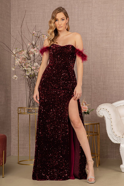 Feather Sequin Velvet Mermaid Dress w/ Velvet Side Waist Layer