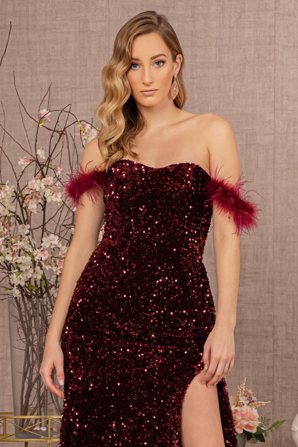 Feather Sequin Velvet Mermaid Dress w/ Velvet Side Waist Layer