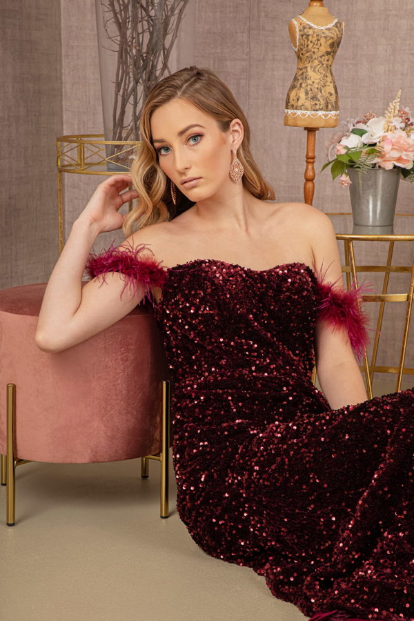 Feather Sequin Velvet Mermaid Dress w/ Velvet Side Waist Layer