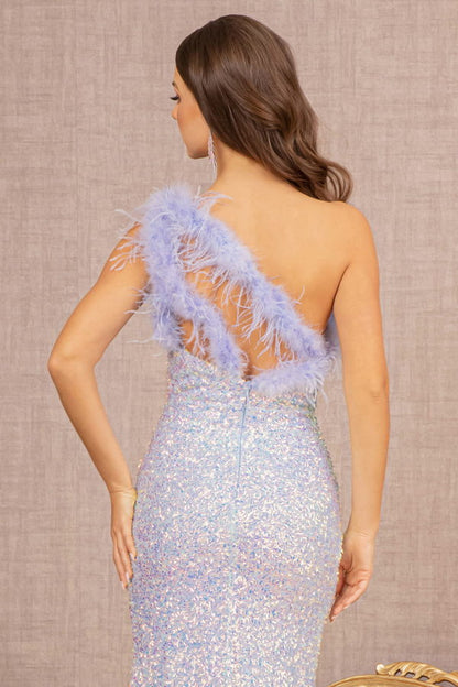 Sequin Asymmetric Cut-out Back Mermaid Dress w/ Feather Strap