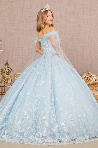 Feather 3-D Flower Quinceanera Gown w/ Detachable Side Mesh Layer