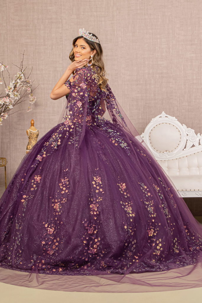 3-D Butterfly Sheer Bodice Quinceanera Gown w/ Long Mesh Cape