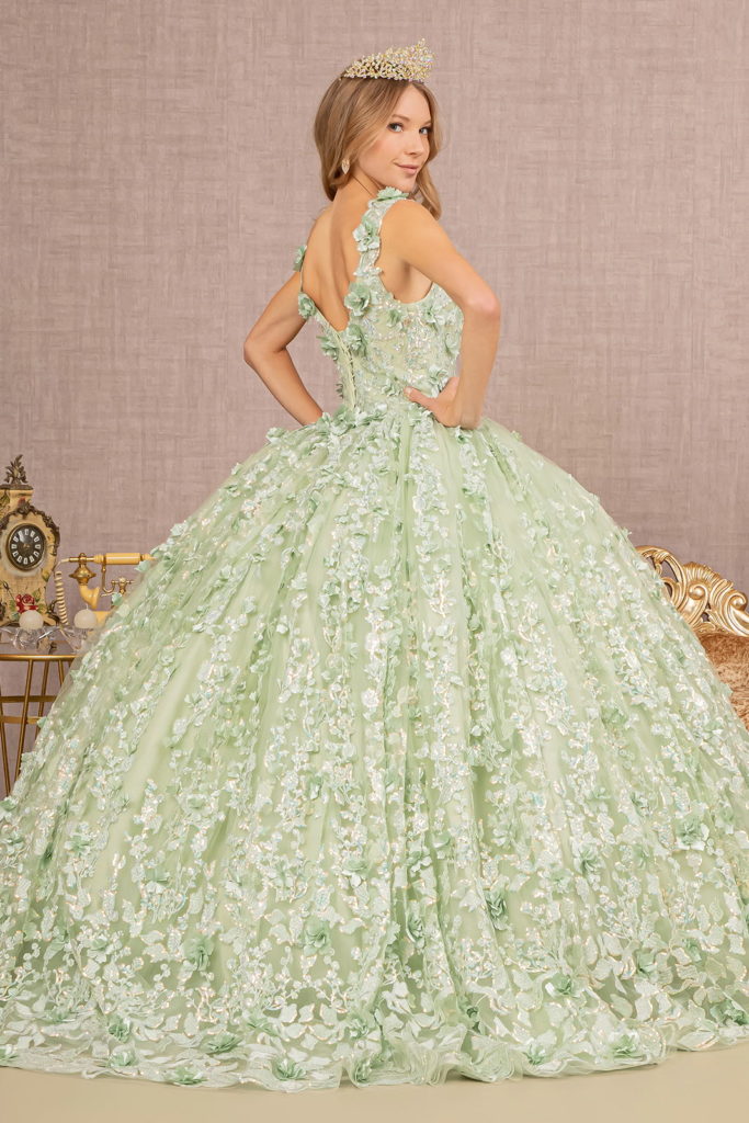 Jewel Embroidery 3-D Flower Mesh Ball Gown w/ Corset Back