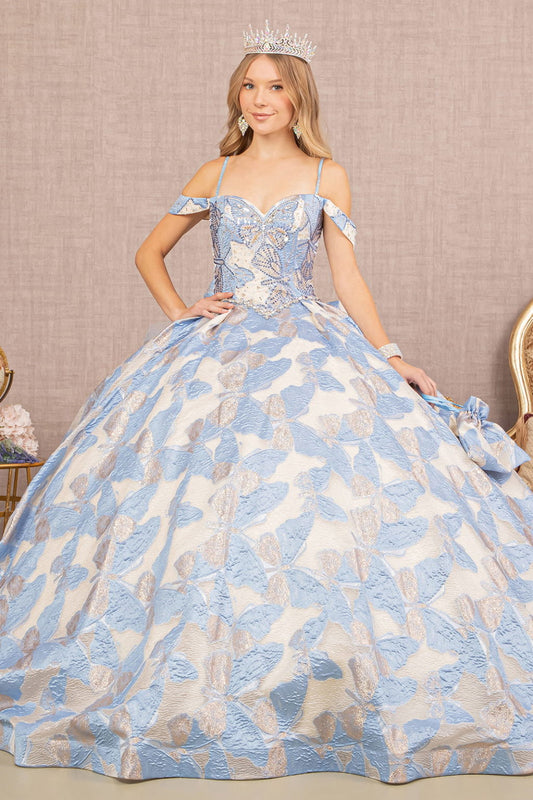 ثوب Quinceanera من Ribbon Jewel مع ذيل شبكي طويل وحقيبة صغيرة 