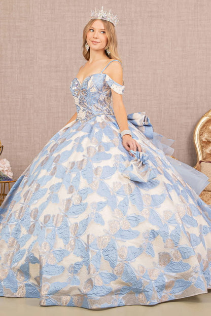 Ribbon Jewel Quinceanera Gown w/ Long Mesh Tail and Mini Bag