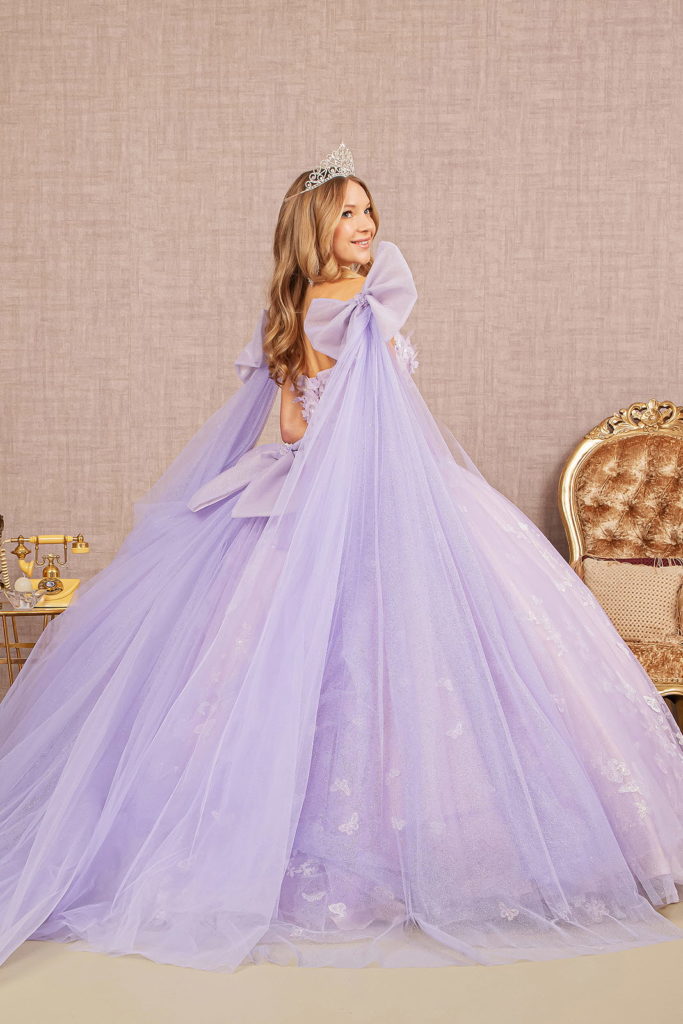 Jewel Glitter Quinceanera Gown w/ Long Mesh Layer and Ribbons