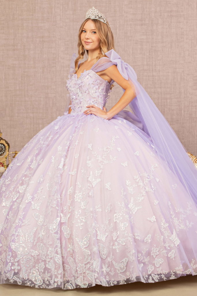 Jewel Glitter Quinceanera Gown w/ Long Mesh Layer and Ribbons