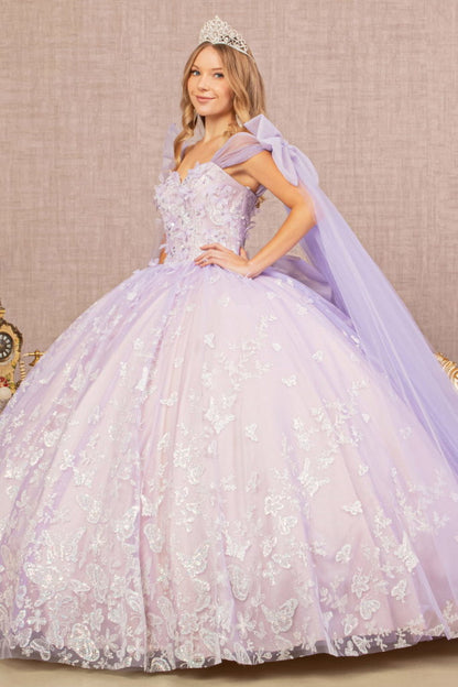 Jewel Glitter Quinceanera Gown w/ Long Mesh Layer and Ribbons