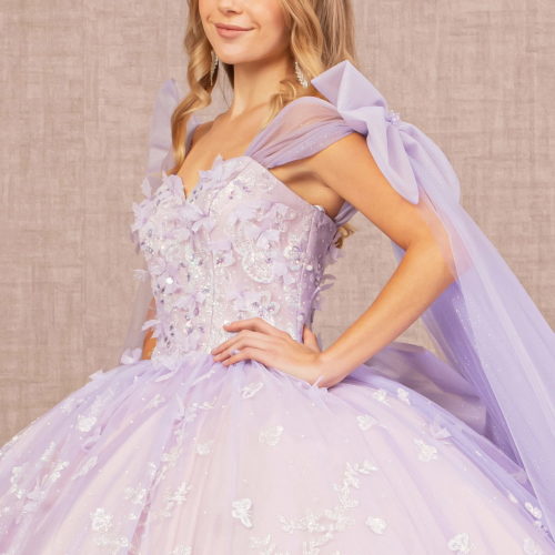 Jewel Glitter Quinceanera Gown w/ Long Mesh Layer and Ribbons