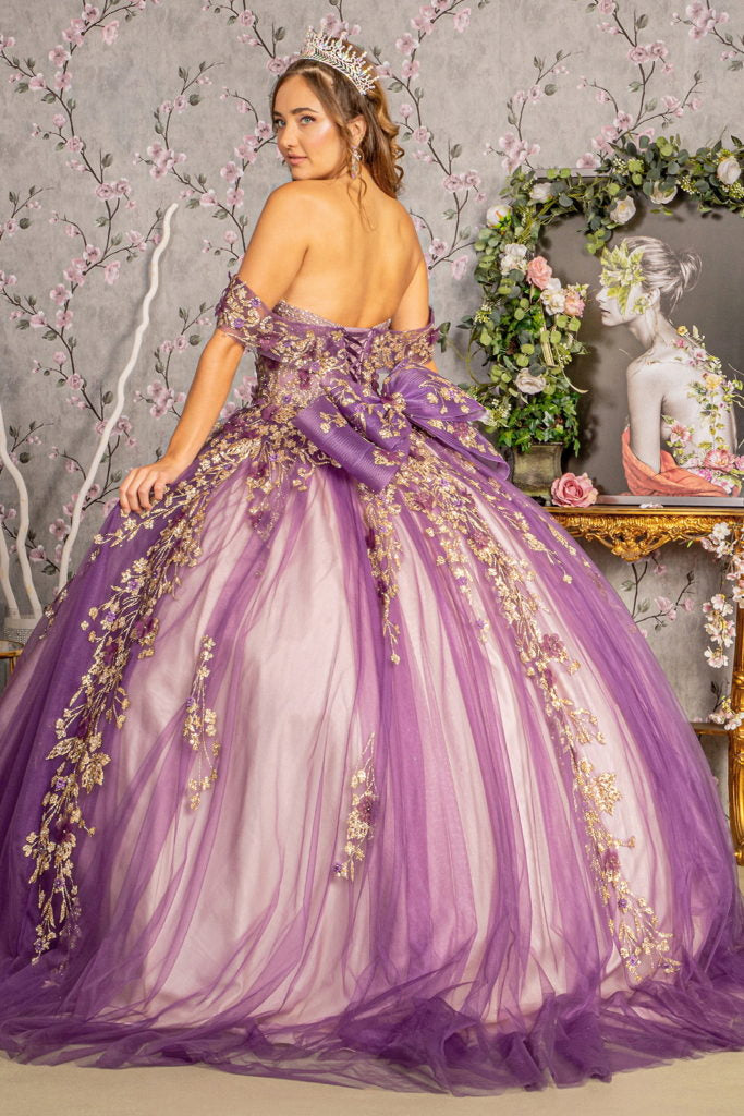 Flower Applique Bead Off Shoulder Ball Gown w/ Detachable Ribbon