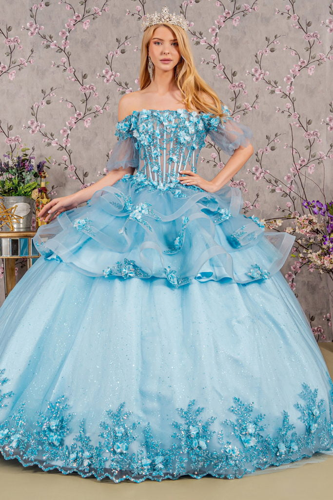 3-D Flower Applique Sheer Bodice Quinceanera Gown w/ Ruffle Skirt