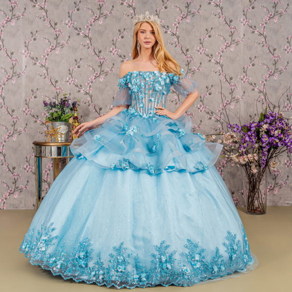 3-D Flower Applique Sheer Bodice Quinceanera Gown w/ Ruffle Skirt