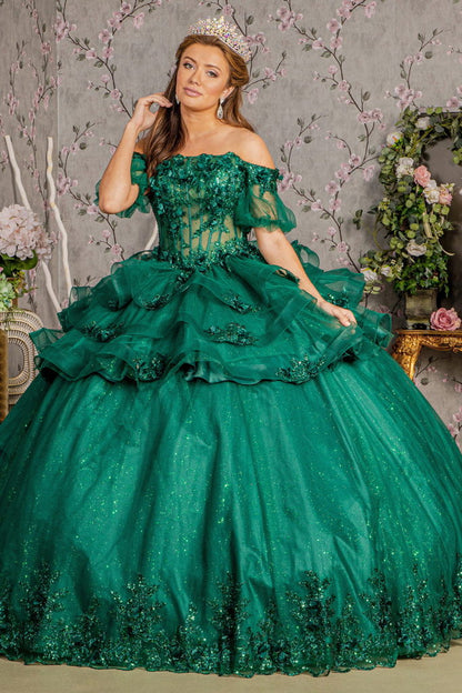 3-D Flower Applique Sheer Bodice Quinceanera Gown w/ Ruffle Skirt