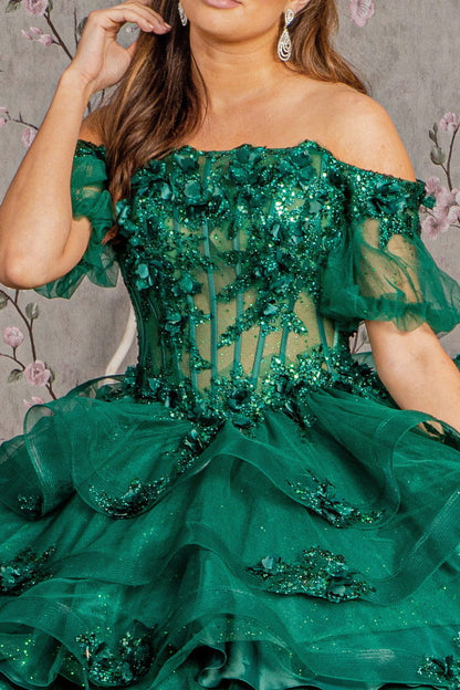 3-D Flower Applique Sheer Bodice Quinceanera Gown w/ Ruffle Skirt