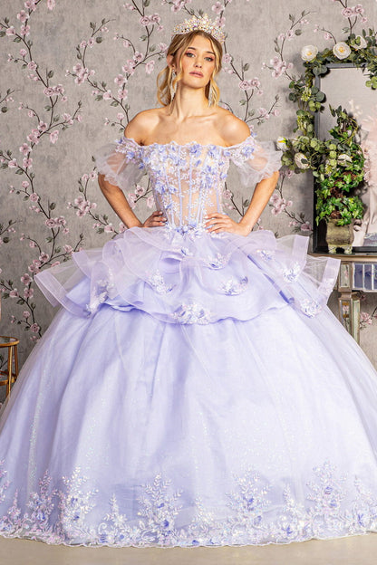 3-D Flower Applique Sheer Bodice Quinceanera Gown w/ Ruffle Skirt